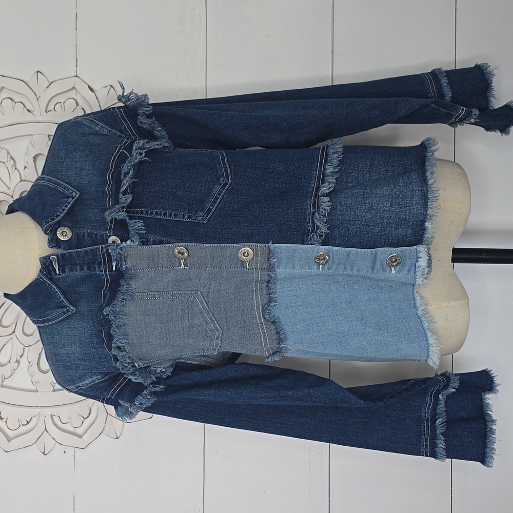 NWT Ashley Stewart two-tone, Patchwork Denim Jacket With Frayed Edges